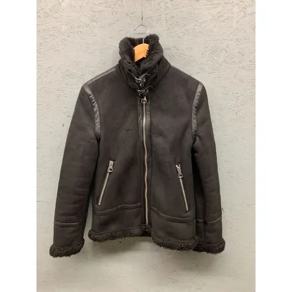 H&M Sherpa Faux Fur Lined Suede Jacket Women’s XS Black‎ Cozy Winter Coat - Picture 2 of 12